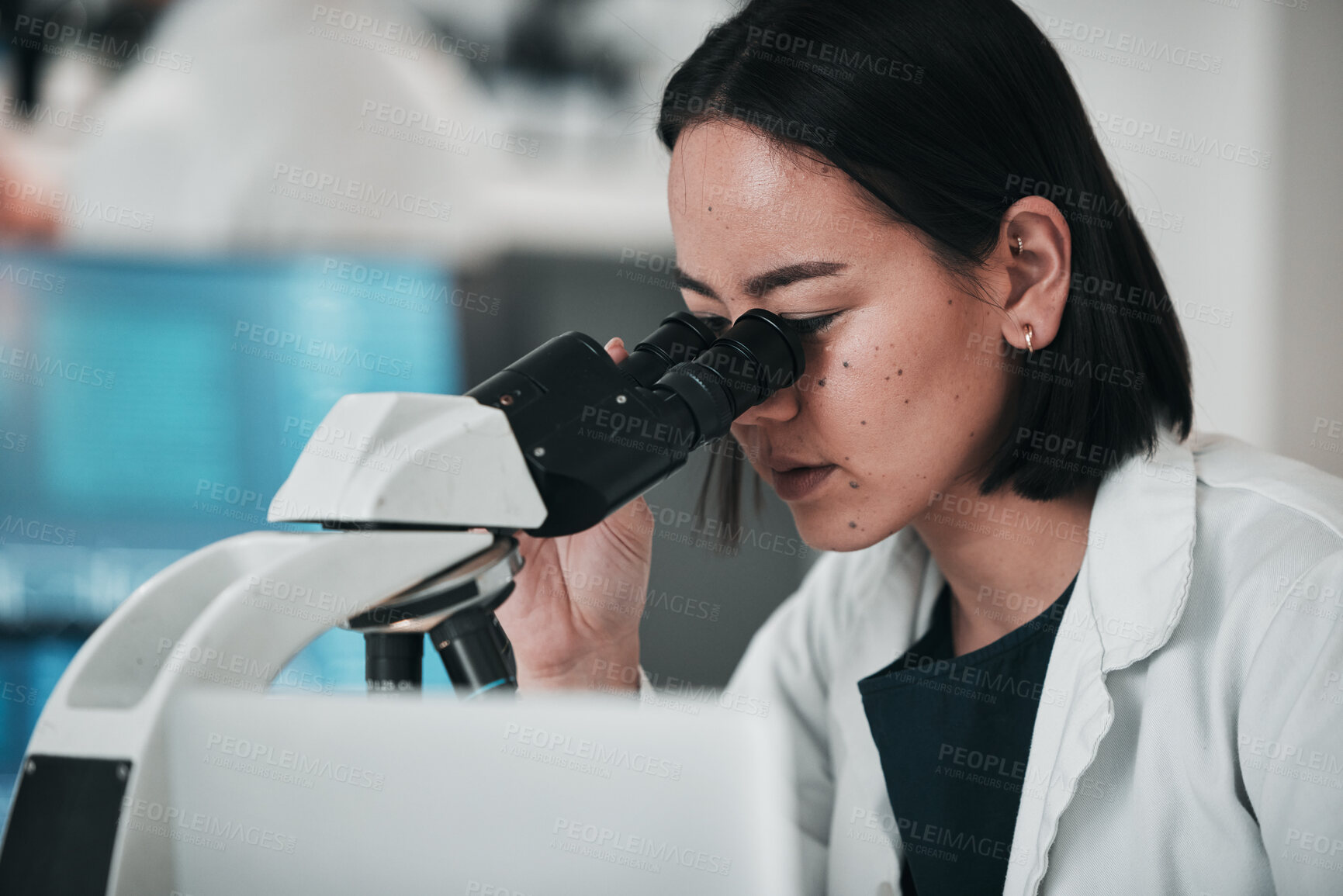 Buy stock photo Science, microscope and Asian woman in laboratory for research, data analysis and study. Biotechnology, healthcare and scientist looking in equipment for medical innovation, sample and DNA testing