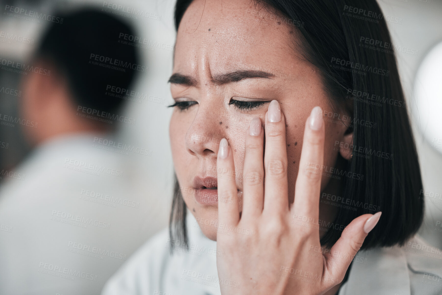 Buy stock photo Confused, scientist and stress on face of woman in laboratory with mistake, error or fail in results of research. Frustrated, fatigue and professional burnout in science, lab or person with anxiety