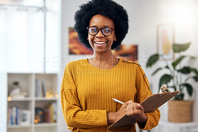 Buy stock photo Portrait, therapist and happy black woman with checklist for counselling in office. Face smile, psychologist in glasses and clipboard for therapy session, psychology counsellor or professional doctor