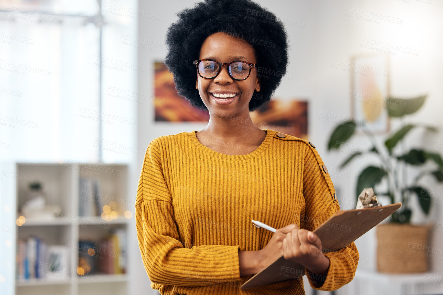 Buy stock photo Portrait, therapist and happy black woman with checklist for counselling in office. Face smile, psychologist in glasses and clipboard for therapy session, psychology counsellor or professional doctor