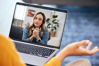 Buy stock photo Woman, video call and therapy on laptop screen for support, advice or helping with mental health in online meeting. Virtual psychologist or therapist talk or listening to client questionson computer