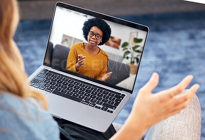 Buy stock photo Woman, video call and psychologist on laptop screen of support, advice or helping with mental health in online meeting. African therapist talking to home client for remote therapy on computer