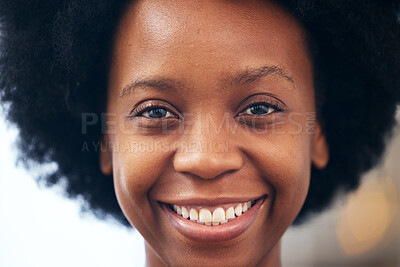 Happy, smile and closeup portrait of black woman with good, confident and positive attitude. Happiness, excited and headshot face of young African female model with a natural afro and glowing skin.