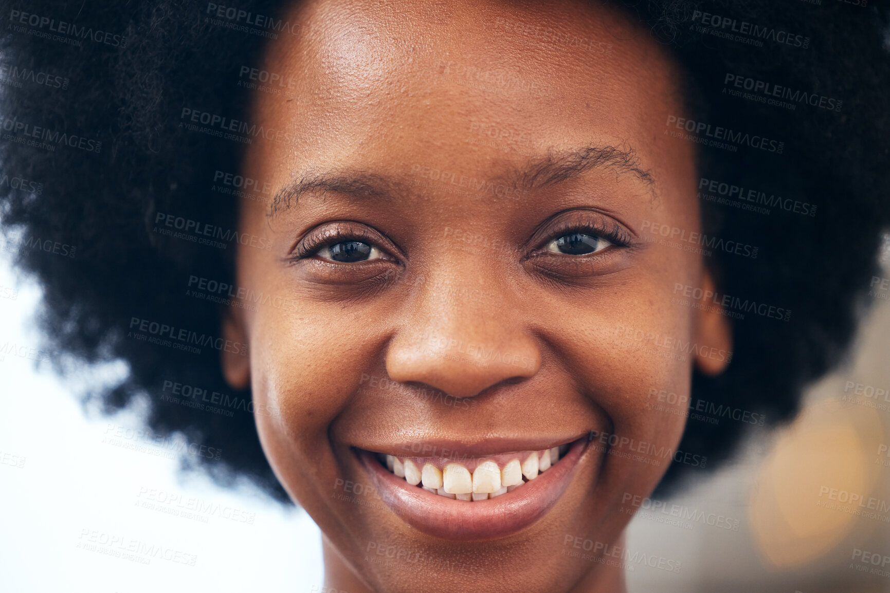 Buy stock photo Happy, smile and closeup portrait of black woman with good, confident and positive attitude. Happiness, excited and headshot face of young African female model with a natural afro and glowing skin.