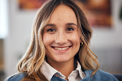 Buy stock photo Face, happy business woman and designer in startup company, office and workplace. Portrait, creative professional and confident female entrepreneur, worker and employee smile in Australia for career.