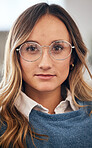 Face, business woman and designer in glasses at startup company, office and workplace. Portrait, creative professional and confident female entrepreneur, worker and employee in Australia for career.