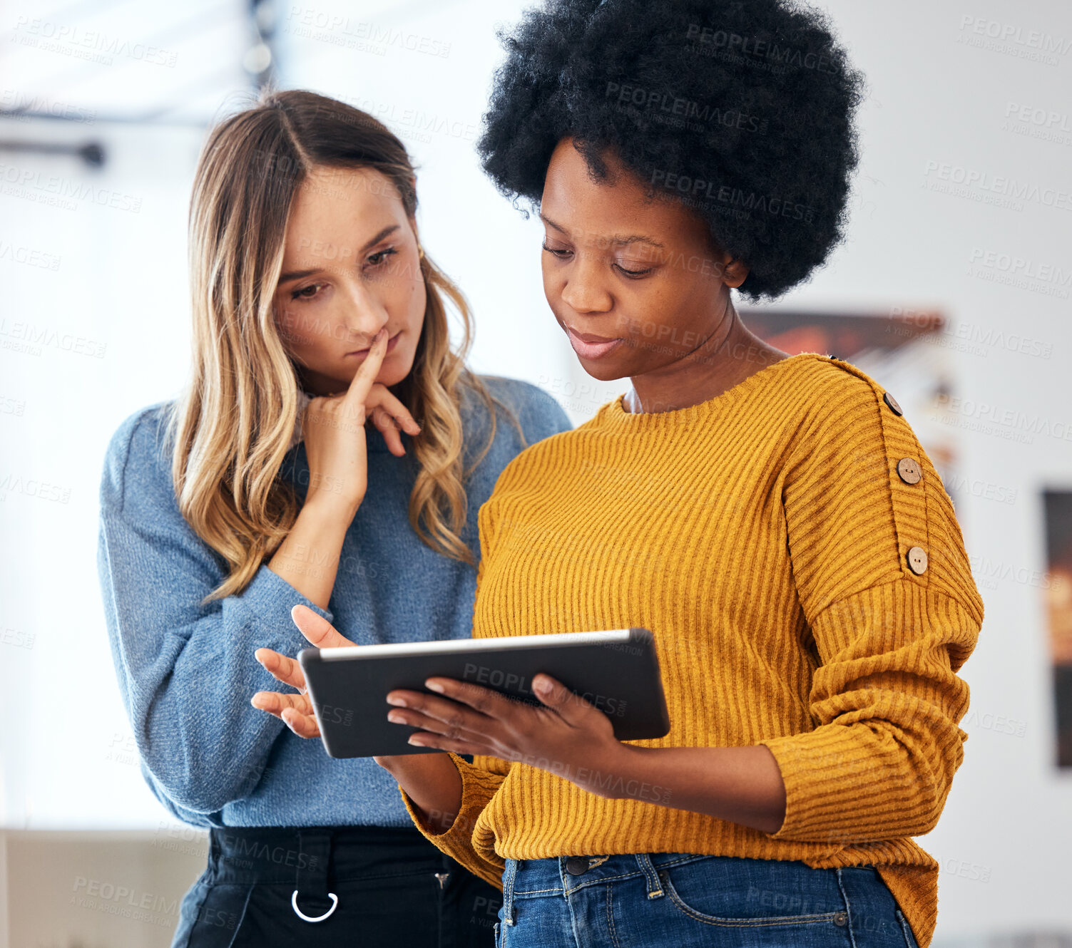 Buy stock photo Tablet, diversity and creative with business people planning in their office together for design or project management. Technology, thinking and problem solving with an employee team in the workplace