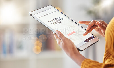 Buy stock photo Planning, screen and hands with a website on a tablet for the internet, connection or seo business. Digital, office and an employee typing on the web with technology for a strategy, growth or search