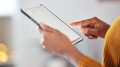 Buy stock photo Tablet, hands and woman with data analysis, connection and information for digital marketing with bokeh. Technology, person and screen with internet for business, research and analytics with charts