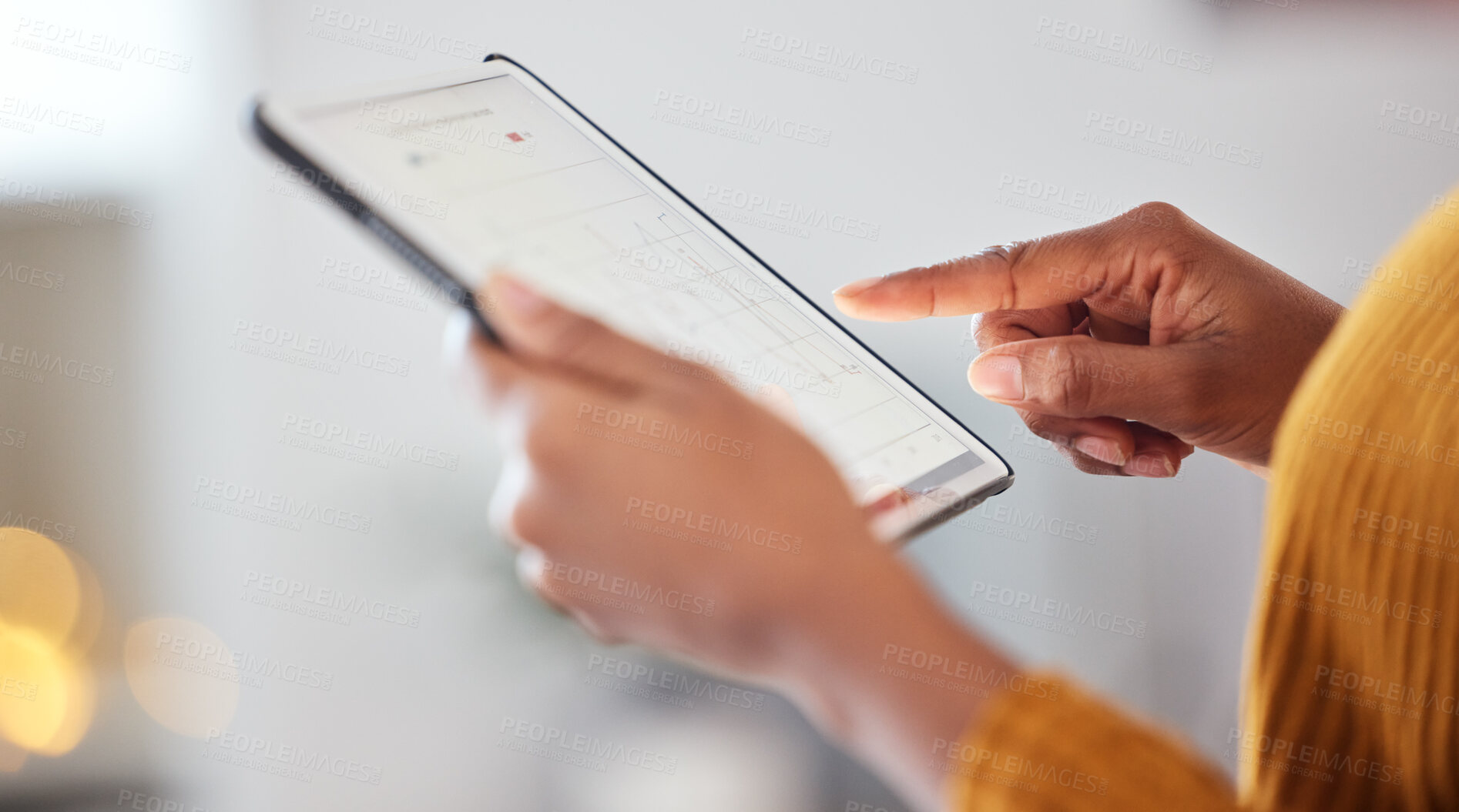 Buy stock photo Tablet, hands and woman with data analysis, connection and information for digital marketing with bokeh. Technology, person and screen with internet for business, research and analytics with charts