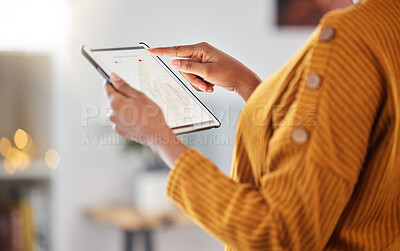 Buy stock photo Woman, hands and tablet with data analysis, connection and information for digital marketing with bokeh. Technology, person and screen with internet for business, research and analytics or charts