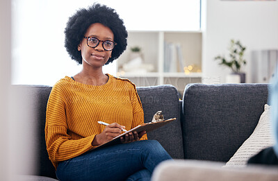 Buy stock photo Psychologist on sofa, writing notes and listening to patient, advice and help in psychology for mental health care. Conversation, support and black woman on couch with client, therapist in counseling