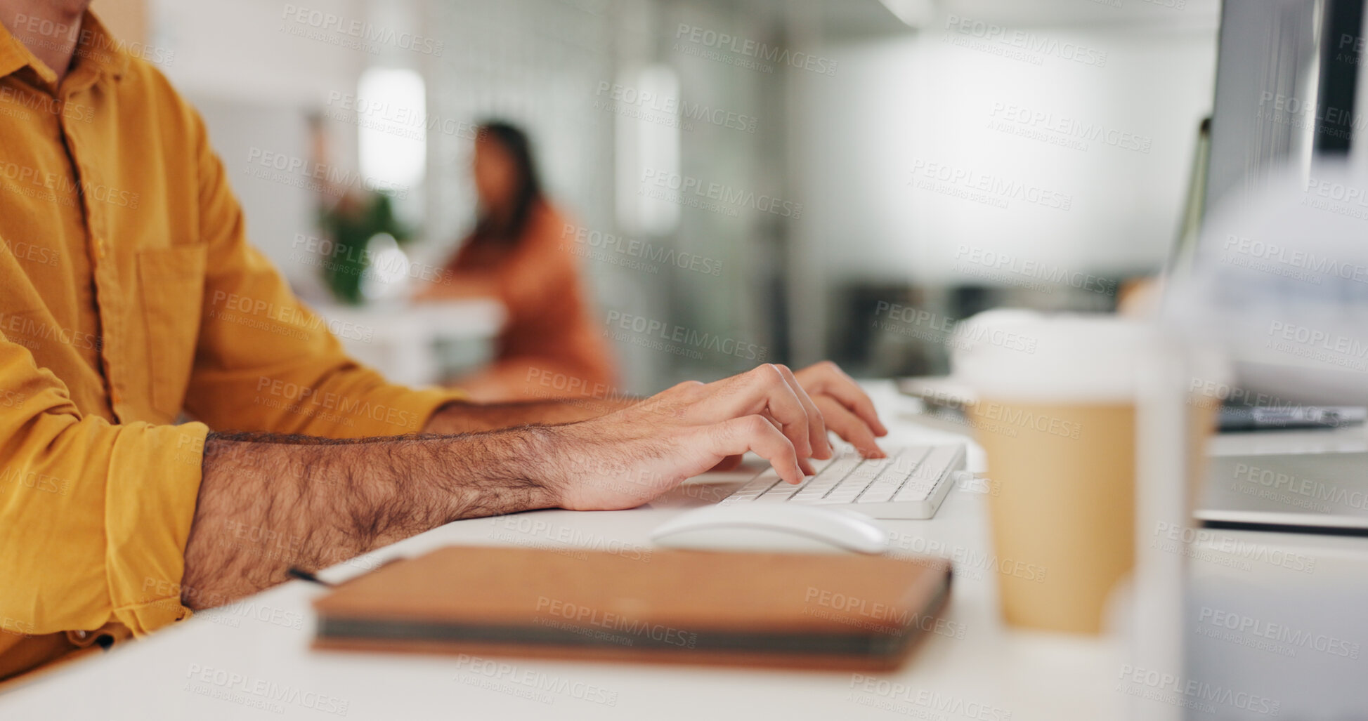 Buy stock photo Hands, typing and person with keyboard, journalist writing article on computer at startup and creativity. Copywriting, productivity with research online, workflow and content creation at office desk