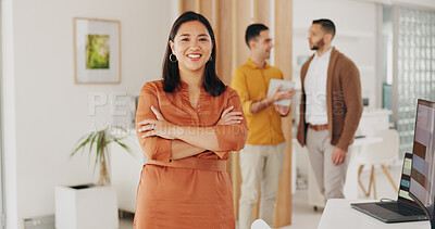 Buy stock photo Portrait, business and Asian woman with arms crossed, career and smile with startup, consultant and office. Japanese person, employee and manager with leadership skills, company development and happy