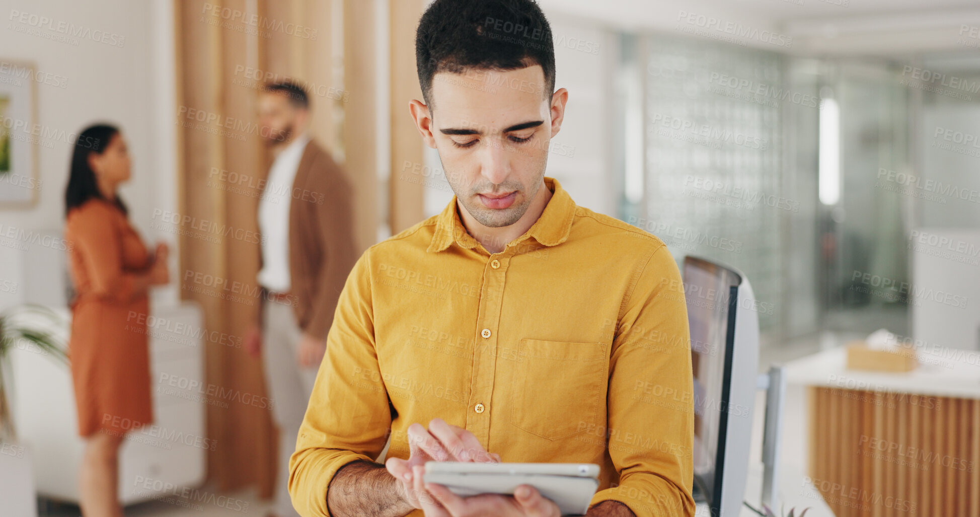 Buy stock photo Business man, tablet and designer reading creative project plan, online report or agency research, info or company notes. Creativity, database and professional person check design development process