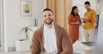 Buy stock photo Portrait, business and man with a career, computer and corporate with leader, copywriting and formal. Mature person, old guy or manager with employees, pc and professional with internet or website 