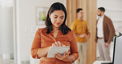 Buy stock photo Business woman, tablet and designer reading project plan, advertising report or social media research, info or notes. Website analysis, connectivity and professional person check design development