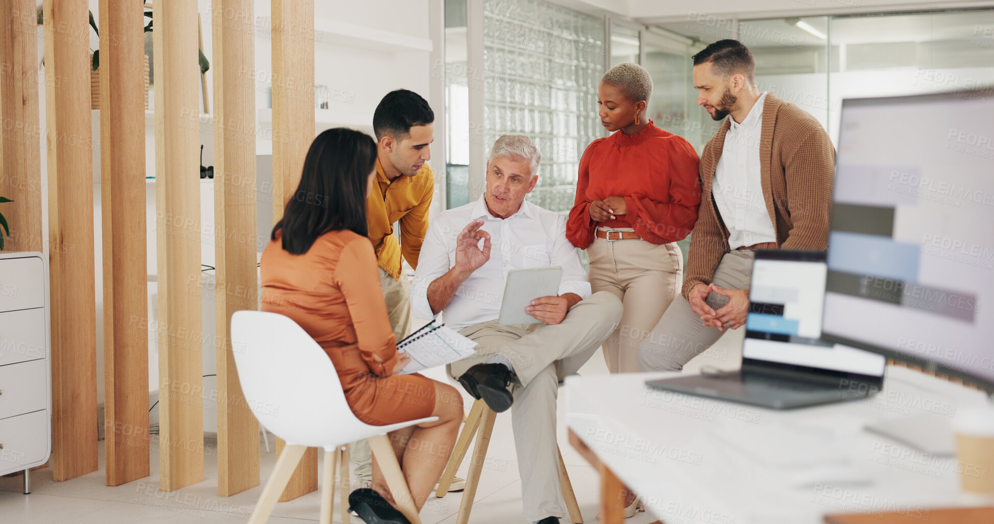 Buy stock photo Business people, startup and meeting with creative team, strategy and ideas at modern office with diversity. Web design group, technology and discussion, planning for SEO project and communication