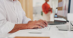 Business hands, computer and office for marketing, social media research and planning or editing report. Professional person or editor typing on desktop for website FAQ, copywriting and information