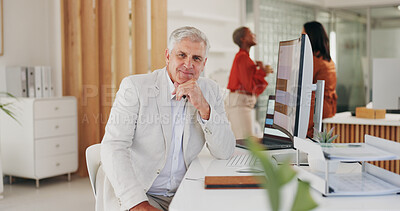 Buy stock photo Portrait, business and senior man with a career, office and computer with leader, professional and formal. Mature person, old guy or manager with employees, pc and corporate with internet or website 