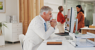 Buy stock photo Thinking, ceo and senior man on computer, reading email and planning in business office. Vision, idea and serious manager on pc brainstorming finance solution, problem solving and decision making