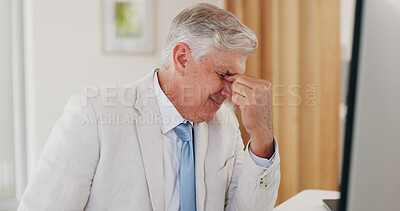 Buy stock photo Headache, pain and elderly man in office, tired and frustrated at work challenge, fail or mistake. Stress, sick and migraine of ceo with depression for bankruptcy, business debt and financial crisis