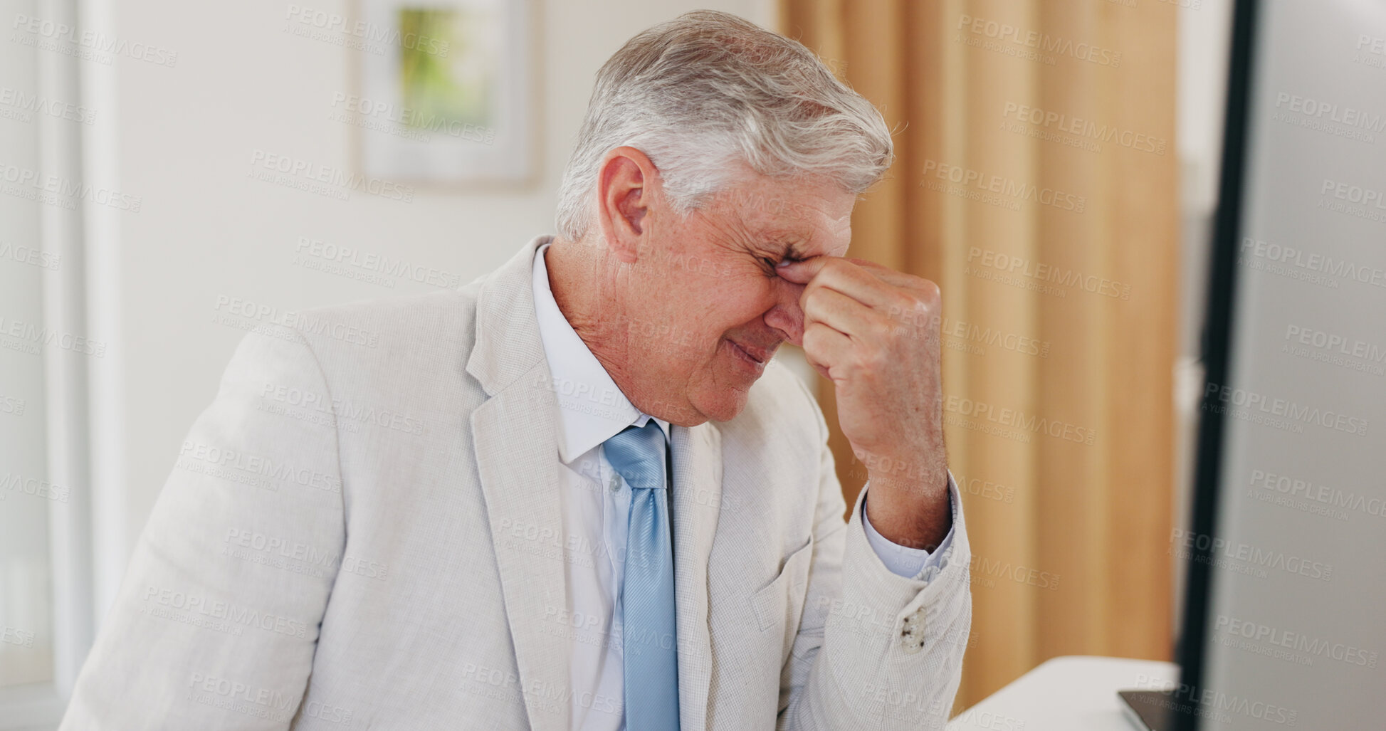 Buy stock photo Headache, pain and elderly man in office, tired and frustrated at work challenge, fail or mistake. Stress, sick and migraine of ceo with depression for bankruptcy, business debt and financial crisis