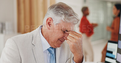 Buy stock photo Headache, pain and senior man in office, tired and frustrated at work challenge, fail or mistake. Stress, sick and migraine of ceo with depression for bankruptcy, business debt and financial crisis