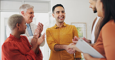 Buy stock photo Business people, applause and handshake for teamwork success, collaboration and project congratulations. Marketing group, man shaking hands and clapping for deal, thank you and sales winner in office