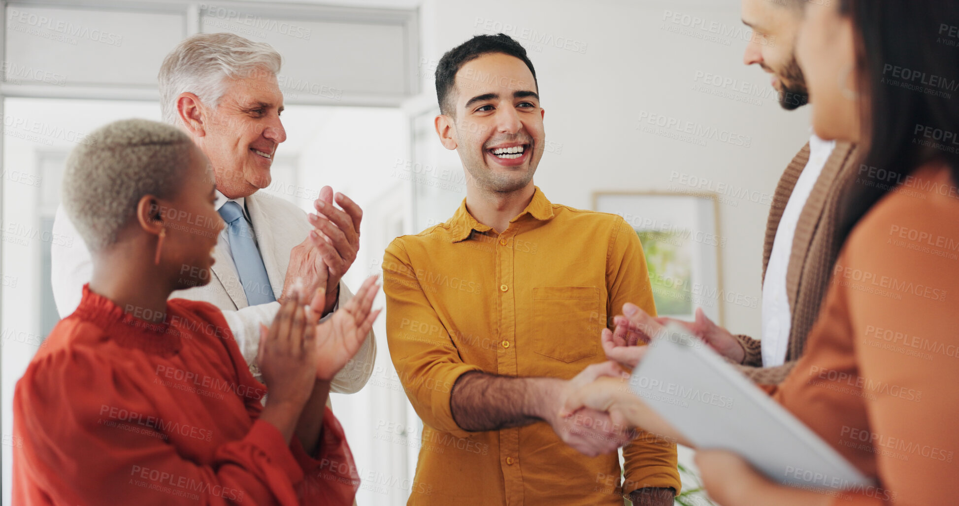 Buy stock photo Business people, applause and handshake for teamwork success, collaboration and project congratulations. Marketing group, man shaking hands and clapping for deal, thank you and sales winner in office