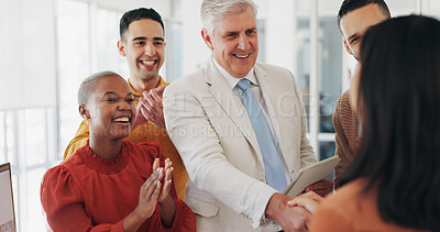 Buy stock photo Business people, applause and shaking hands for teamwork success, collaboration and project congratulations. Marketing group, manager handshake and clapping for deal, thank you and winner in office