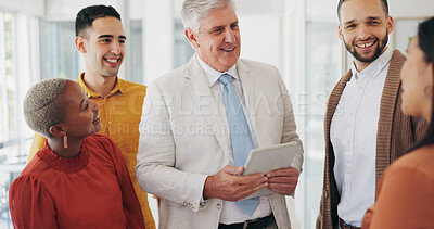 Buy stock photo Group, brainstorming and business people with a tablet, conversation and diversity with cooperation. Staff, teamwork or manager with employees, technology or collaboration with creativity or planning