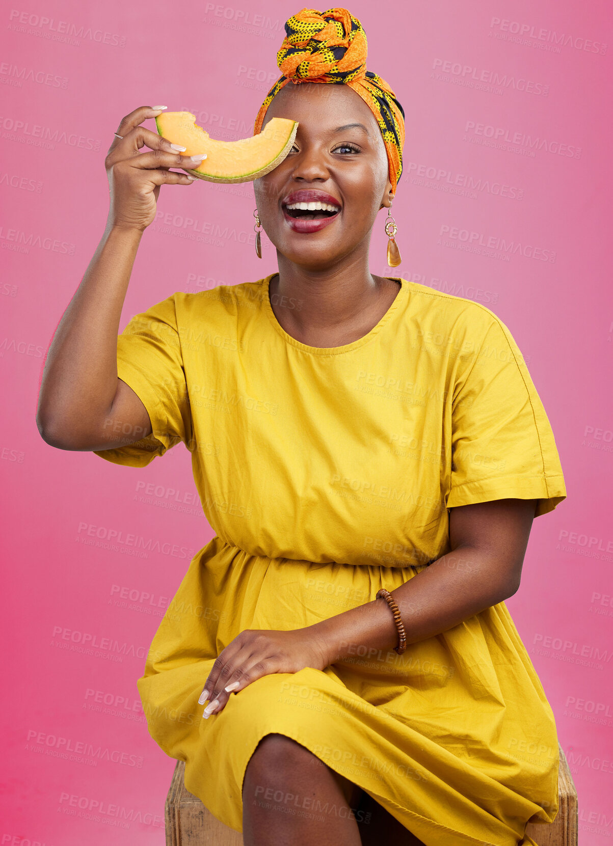 Buy stock photo Melon, portrait and black woman in studio with diet, advice or lose weight with cantaloupe tips on pink background. Fruit, detox and African lady nutritionist with organic, cleanse or raw food advice