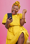 Celebration, winning and black woman excited for mobile app deal isolated in studio pink background with prize. Giveaway, African and happy person with promotion, bonus and competition notification 