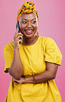 Black woman, phone call and communication in studio, happy with smile and smartphone with chat on pink background. Mockup space, funny conversation and VOIP with technology, networking and connection