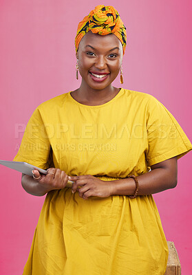 Buy stock photo Black woman, portrait and tablet in studio for marketing, networking or internet search with smile. African, person and happiness for digital mobile, social media, website or tech on pink background