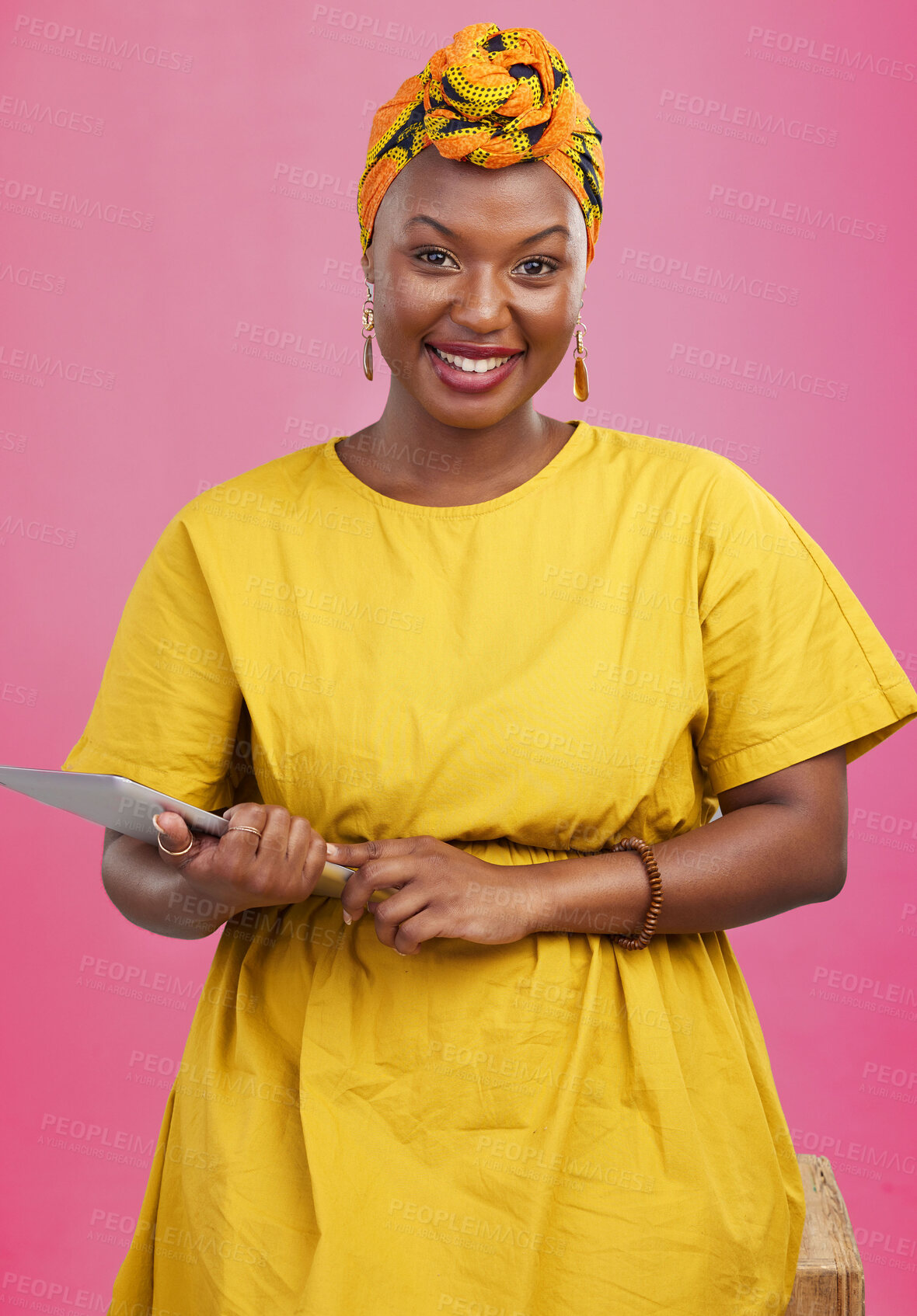 Buy stock photo Black woman, portrait and tablet in studio for marketing, networking or internet search with smile. African, person and happiness for digital mobile, social media, website or tech on pink background