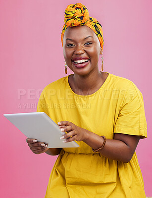 Buy stock photo Black woman, tablet and communication, funny meme on social media with chat, internet search and laugh in studio. Scroll online with comedy, African user with app and technology on pink background