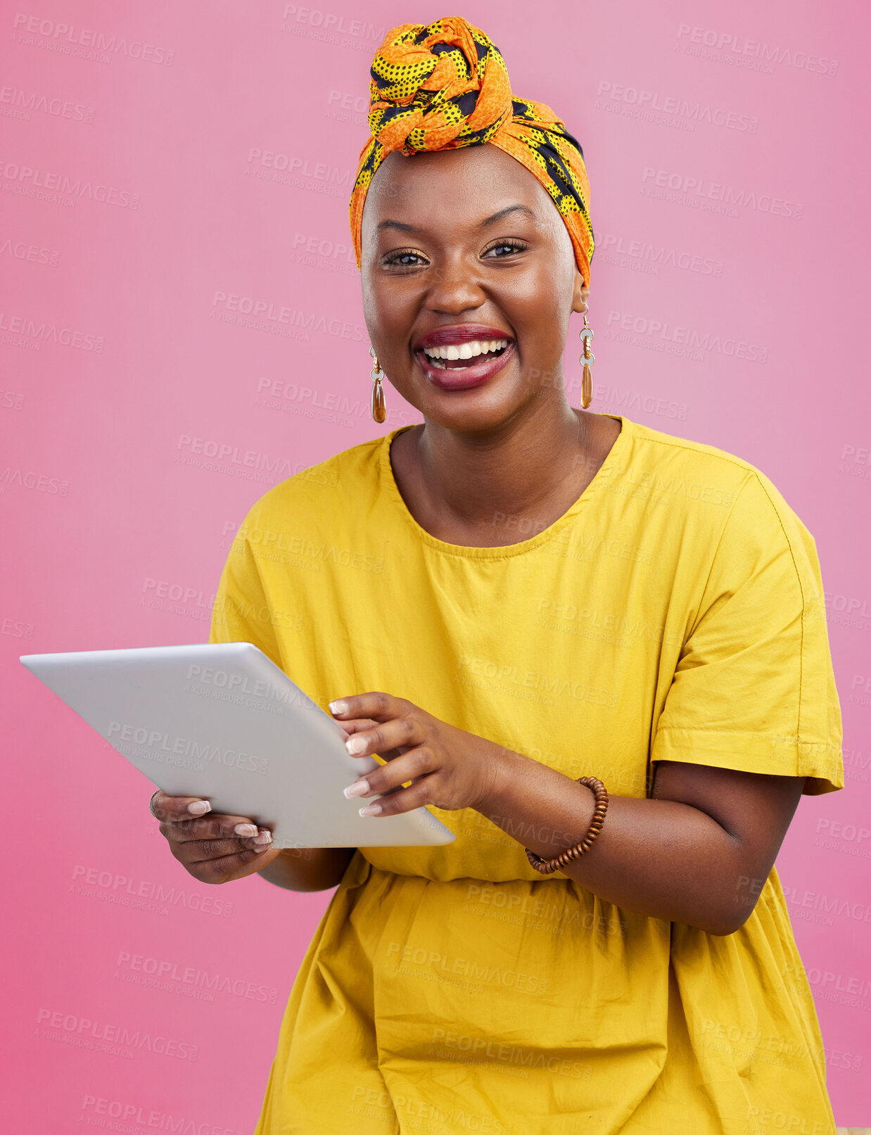 Buy stock photo Black woman, tablet and communication, funny meme on social media with chat, internet search and laugh in studio. Scroll online with comedy, African user with app and technology on pink background