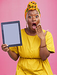 Tablet, screen and mockup, black woman and surprise face for website ads and technology marketing on pink background. App, UX and logo design with tech brand, wow reaction and information in studio