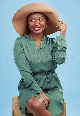 Buy stock photo Fashion, thinking and happy black woman with travel style for summer isolated in a studio blue background. African, hat and young person cool with clothes for glamour or luxury accessories with ideas