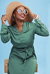 Fashion, thinking and black woman with sunglasses for cool style summer isolated in a studio blue background. African, hat and young person travel with clothes for glamour  or luxury accessories