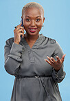 Phone call, smile and black woman in portrait, talking and listening to contact in studio isolated on a blue background. Face, African person on smartphone conversation, speaking and communication.