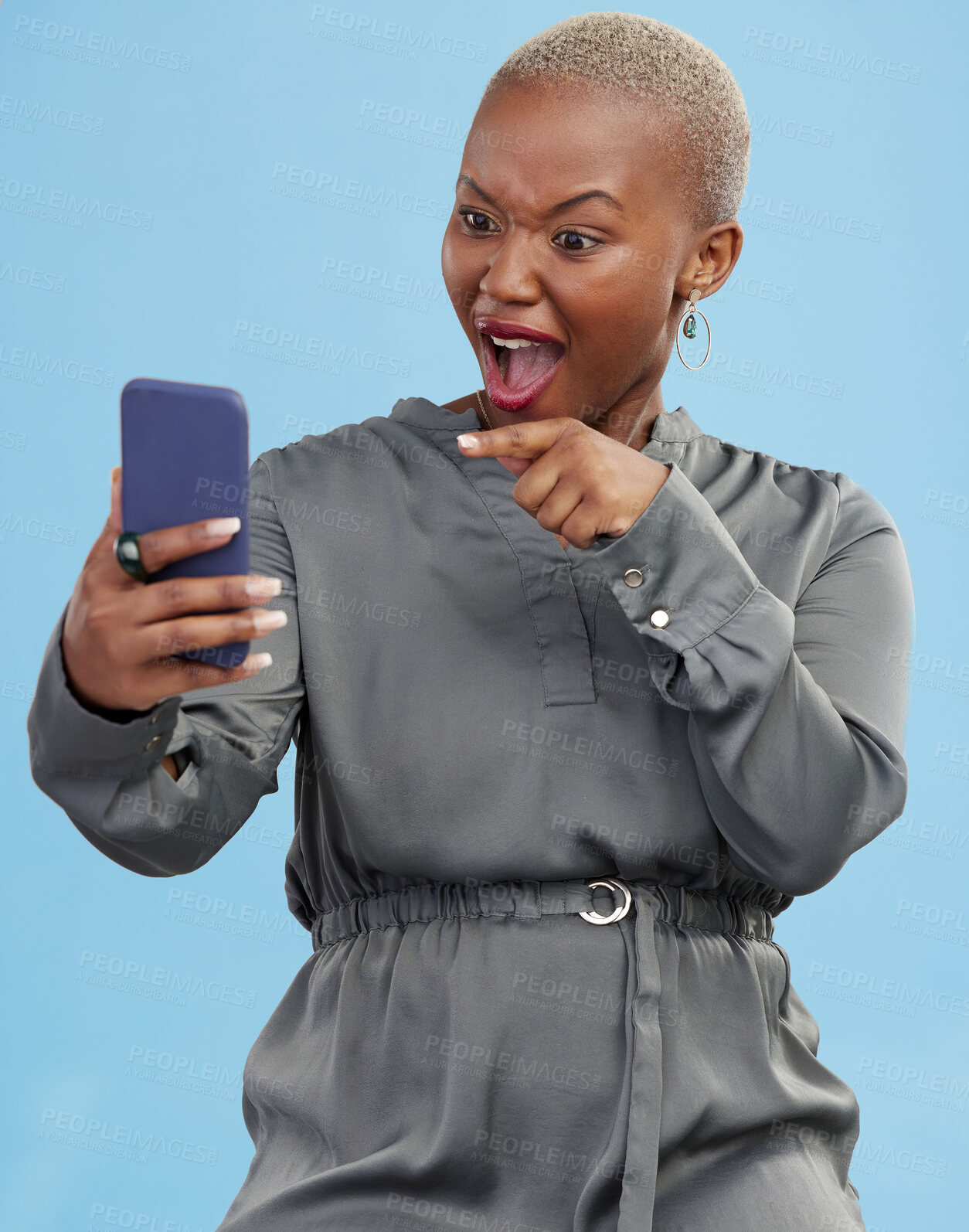Buy stock photo Surprise, winning and black woman excited for mobile app deal isolated in studio pink background with prize. Giveaway, African and happy person with promotion, bonus and competition notification