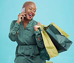 Shopping bag, studio phone call and happy black woman consulting on discount promotion, market sales or deal. Cellphone communication, mall gift advice and African customer talking on pink background