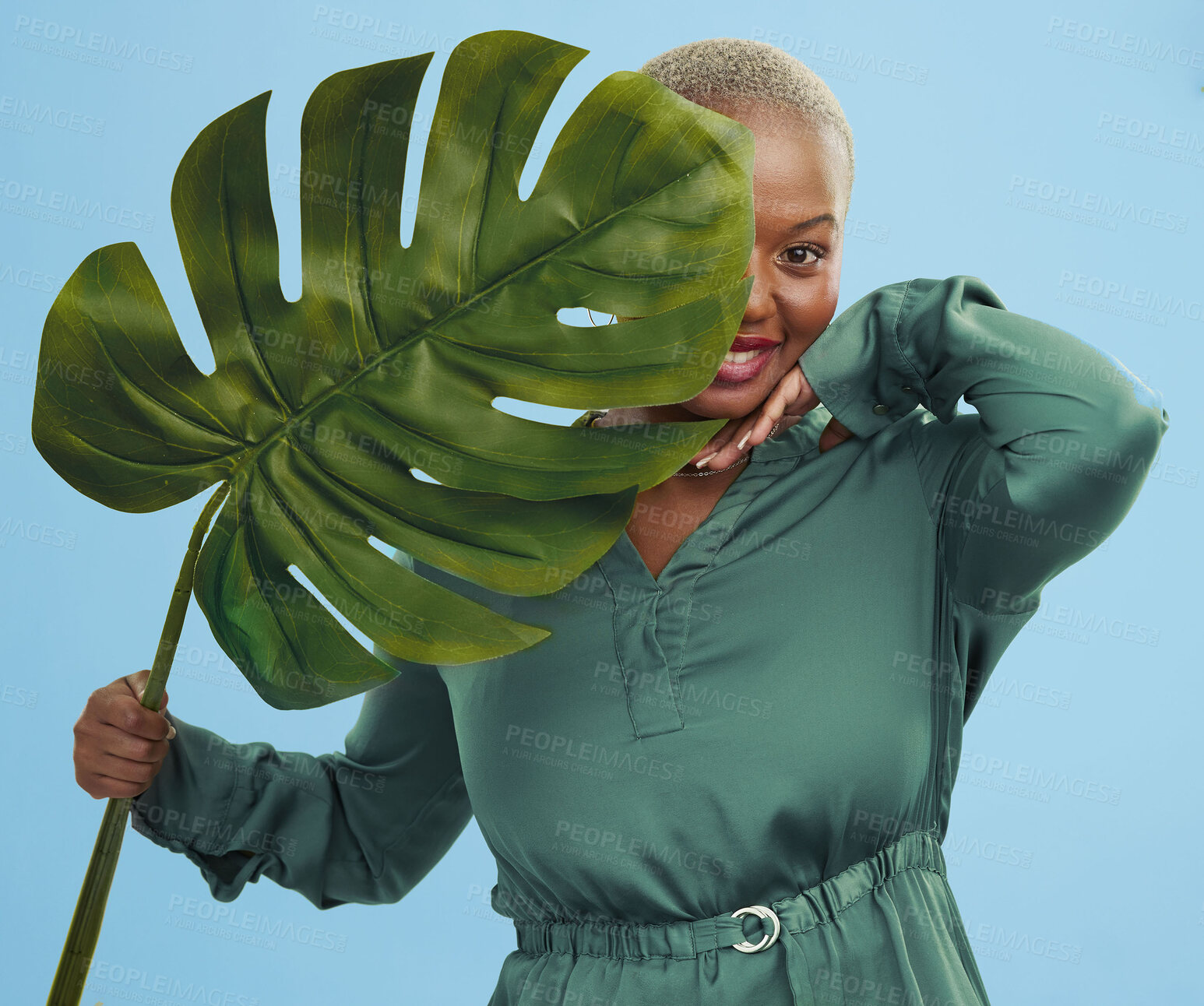 Buy stock photo Black woman, monstera leaf and natural beauty, portrait with cosmetics and fashion on blue background. Silk green dress, eco friendly skincare and dermatology, African model glow and plant in studio 