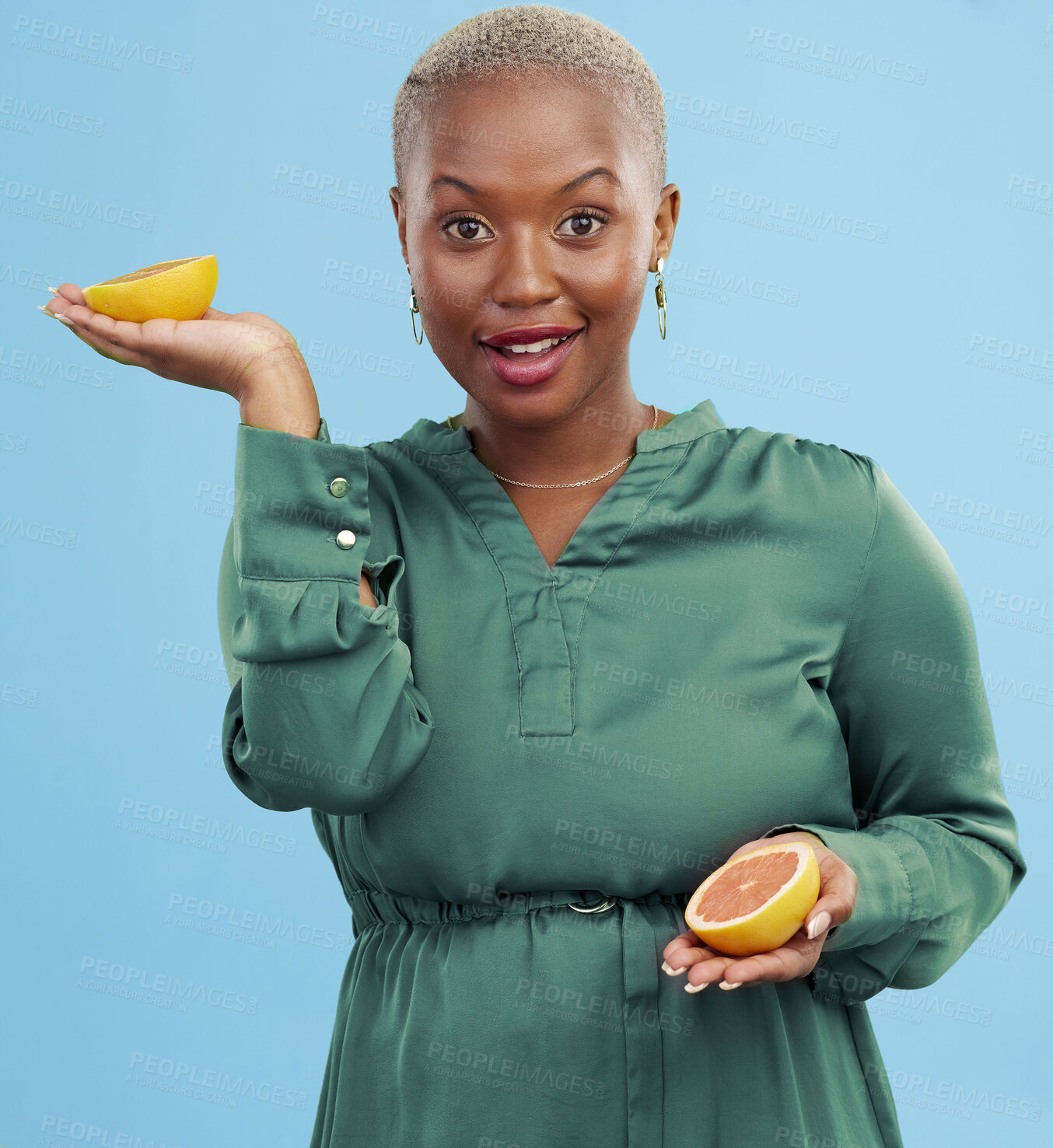 Buy stock photo Black woman, portrait and orange for vitamin C in diet, natural nutrition or detox against a studio background. Happy African female person smile with healthy organic citrus fruit for body wellness