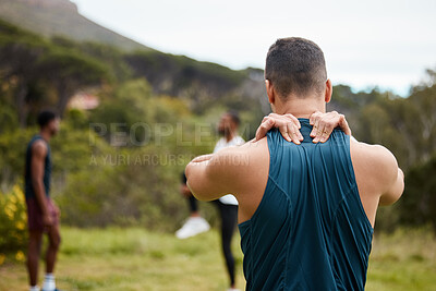 Fitness, nature or sports man with neck pain in exercise, body training injury or outdoor workout. Athlete back view, stress or personal trainer with anxiety, accident or muscle problem emergency