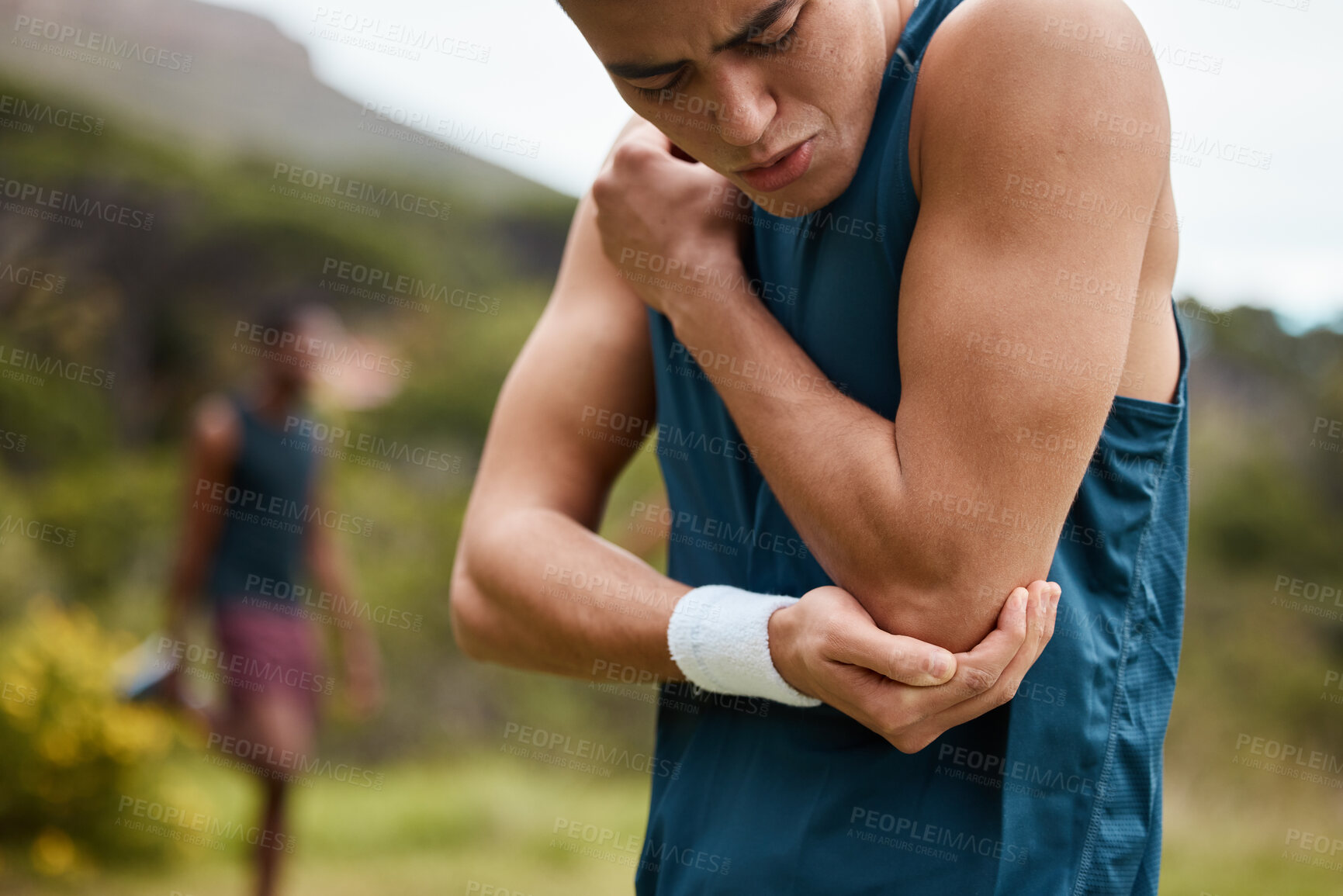 Buy stock photo Sports man, nature and elbow pain from workout training injury or fitness running accident outdoors. Bad bruise, broken arm bone or closeup of injured athlete runner with exercise emergency in park