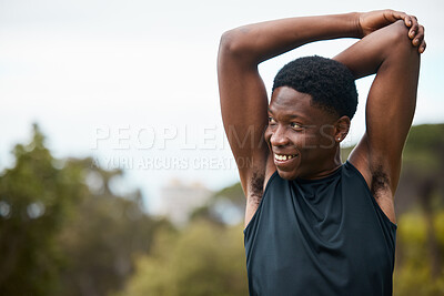 Buy stock photo Man, stretching and thinking of fitness outdoor with health and wellness. Happy runner, athlete or african sports person in nature to start morning run, workout or training with arm muscle warm up